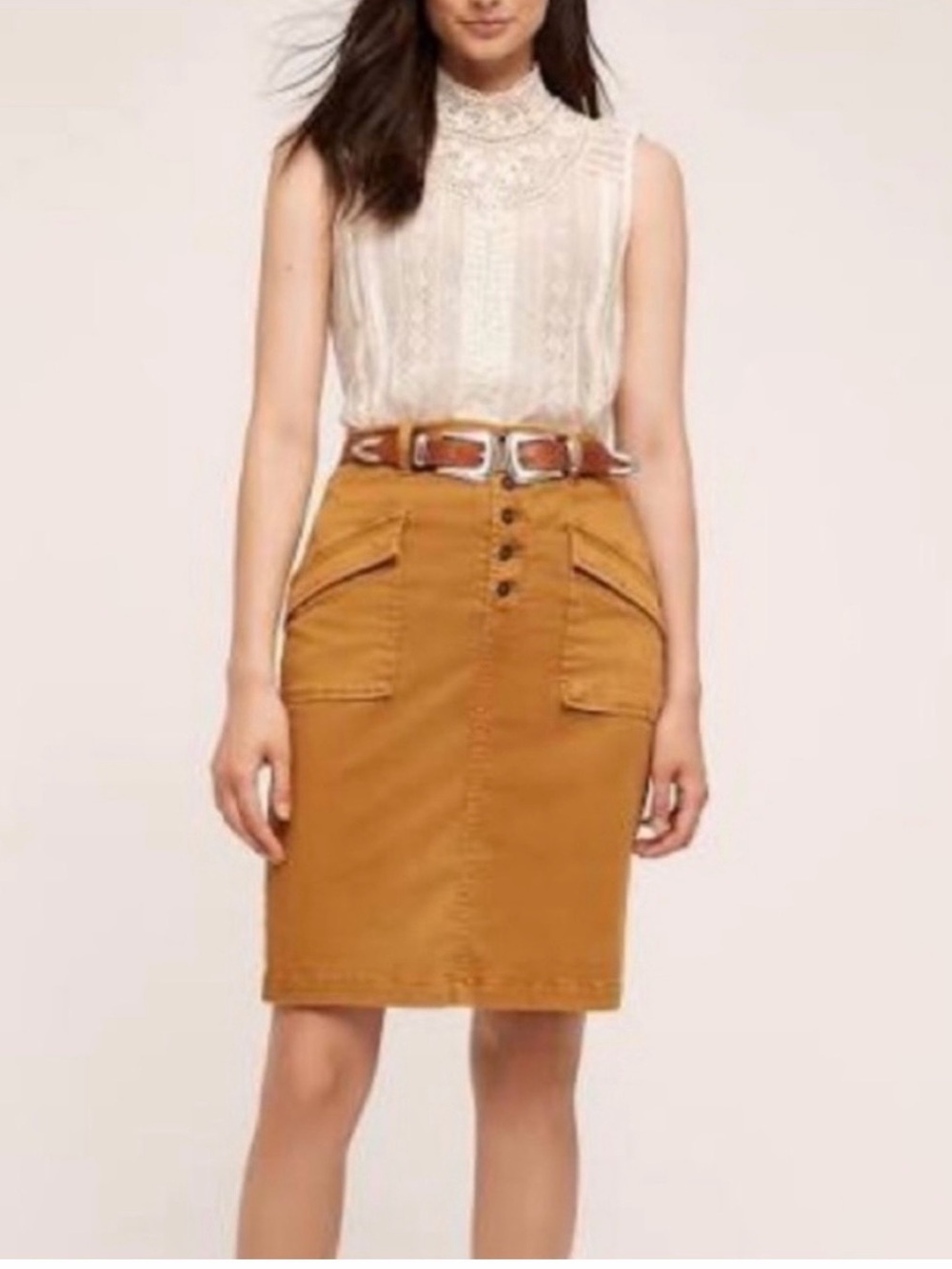 Pilcro Camel Button-Front Pencil Skirt with Cargo Pockets